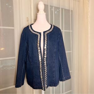 Adorable Jean Jacket, Silver Sequins Trim, Size Large, Soft Stretch, cotton poly